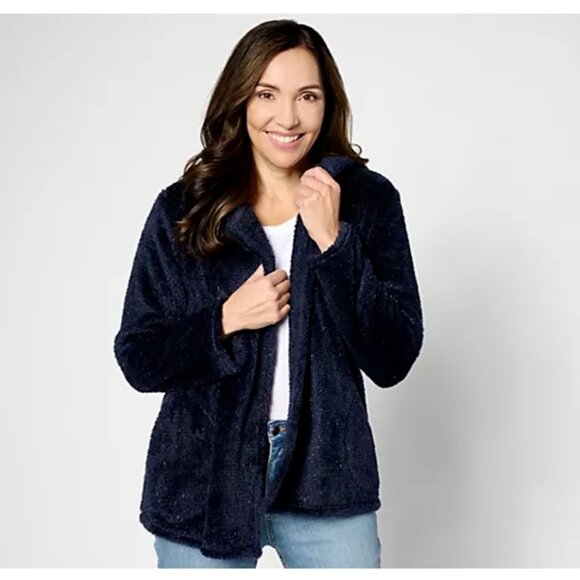 Denim & Co. Women Top Sweater ~ Shimmer Sherpa Open Front Navy Blue A630354 - Picture 1 of 9